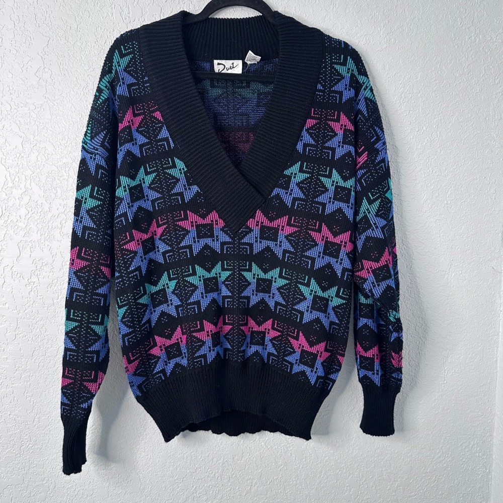 Vintage Duet Geometric V-Neck Sweater Black Pink Blue Teal Retro‎ 80s 90s Large